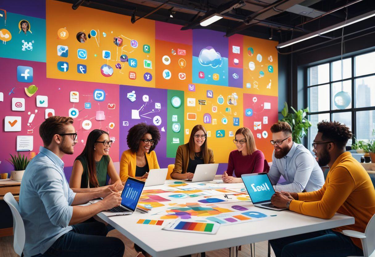 A dynamic collage featuring a diverse group of content creators brainstorming and collaborating in a bright, lively workspace. Icons representing various internet trends like social media, analytics, and viral content surround them. The background includes charts and visually appealing graphics depicting growth strategies. The overall atmosphere should feel energetic and innovative, symbolizing creativity and connectivity. vibrant colors. 3D. digital art.
