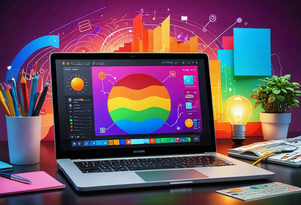 A vibrant digital landscape showcasing a laptop with a glowing screen displaying a blog interface, surrounded by symbols of passion like a camera, paintbrush, and microphone. In the background, abstract graphs and currency icons rise, representing growth and profit. The scene is infused with a warm color palette, highlighting the transformation journey. super-realistic. vibrant colors. 3D.