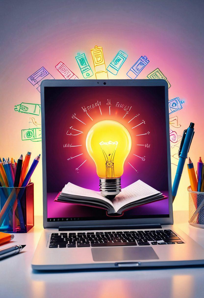 An open notebook with a glowing light bulb above it, symbolizing creativity and ideas, surrounded by colorful notepads, pens, and a laptop displaying a blog interface. In the background, a transparent key unlocking a door representing potential and opportunity, with vibrant colors radiating around. super-realistic. vibrant colors. white background.